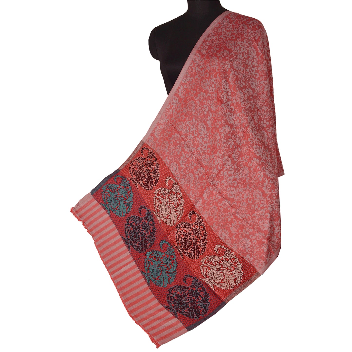 Sanskriti New Pink Viscose Kashmiri Palla Shawl Woven Work Long Stole Warm Scarf