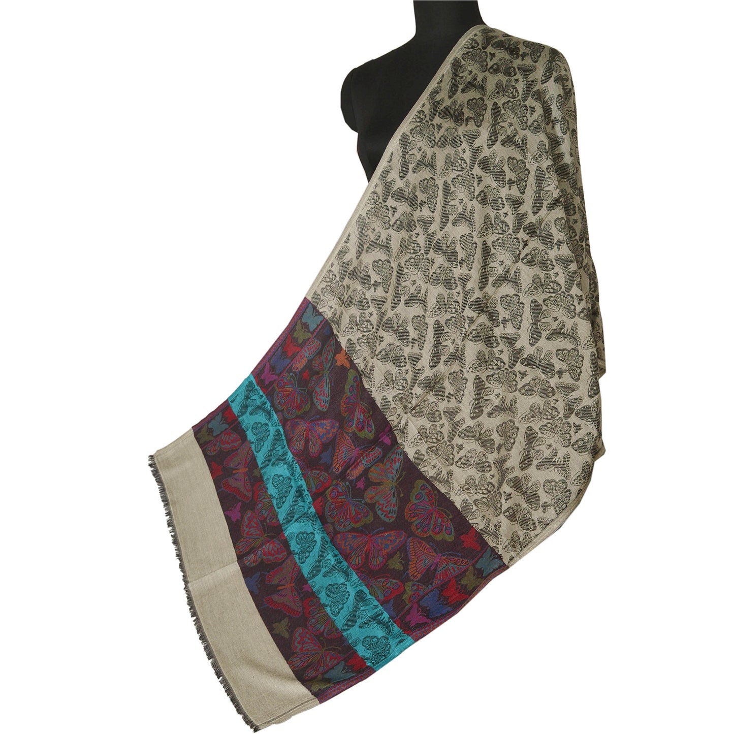 Sanskriti New Cream Shawl Viscose Butterfly Palla Woven Long Stole Warm Scarf