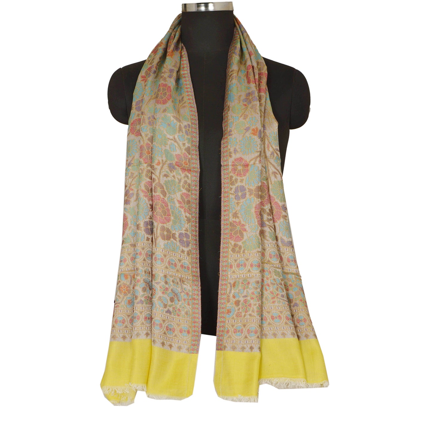 Sanskriti New Cream Shawl Viscose Fulkari Woven Work Long Stole Soft Warm Scarf