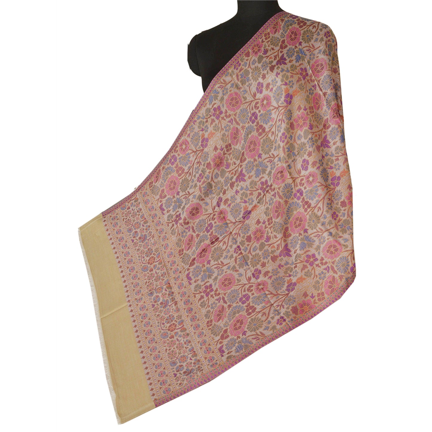 Sanskriti New Cream Shawl Viscose Fulkari Woven Long Stole Soft Scarf Floral