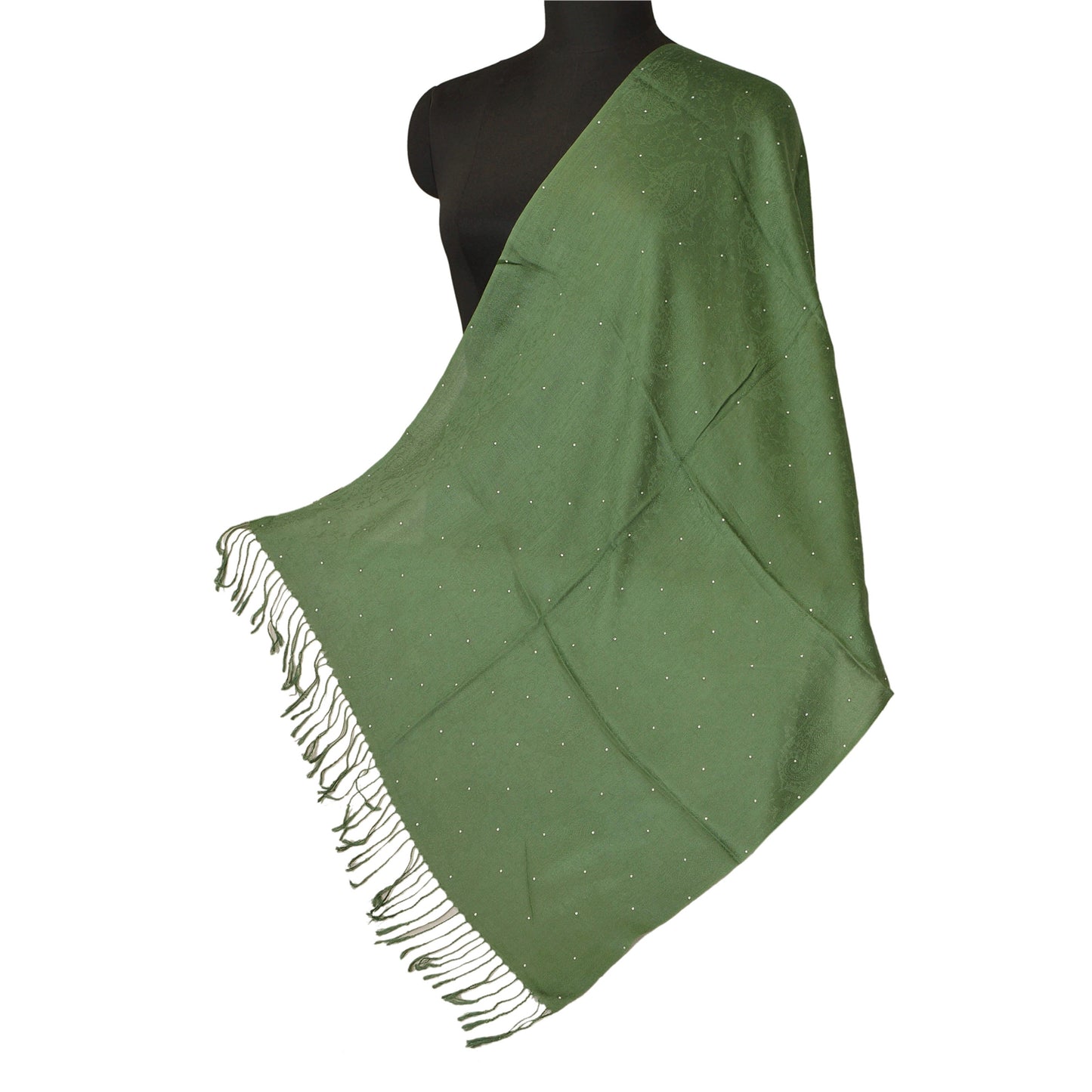 Sanskriti New Green Shawl Viscose Sauroski Woven Work Long Stole Soft Scarf