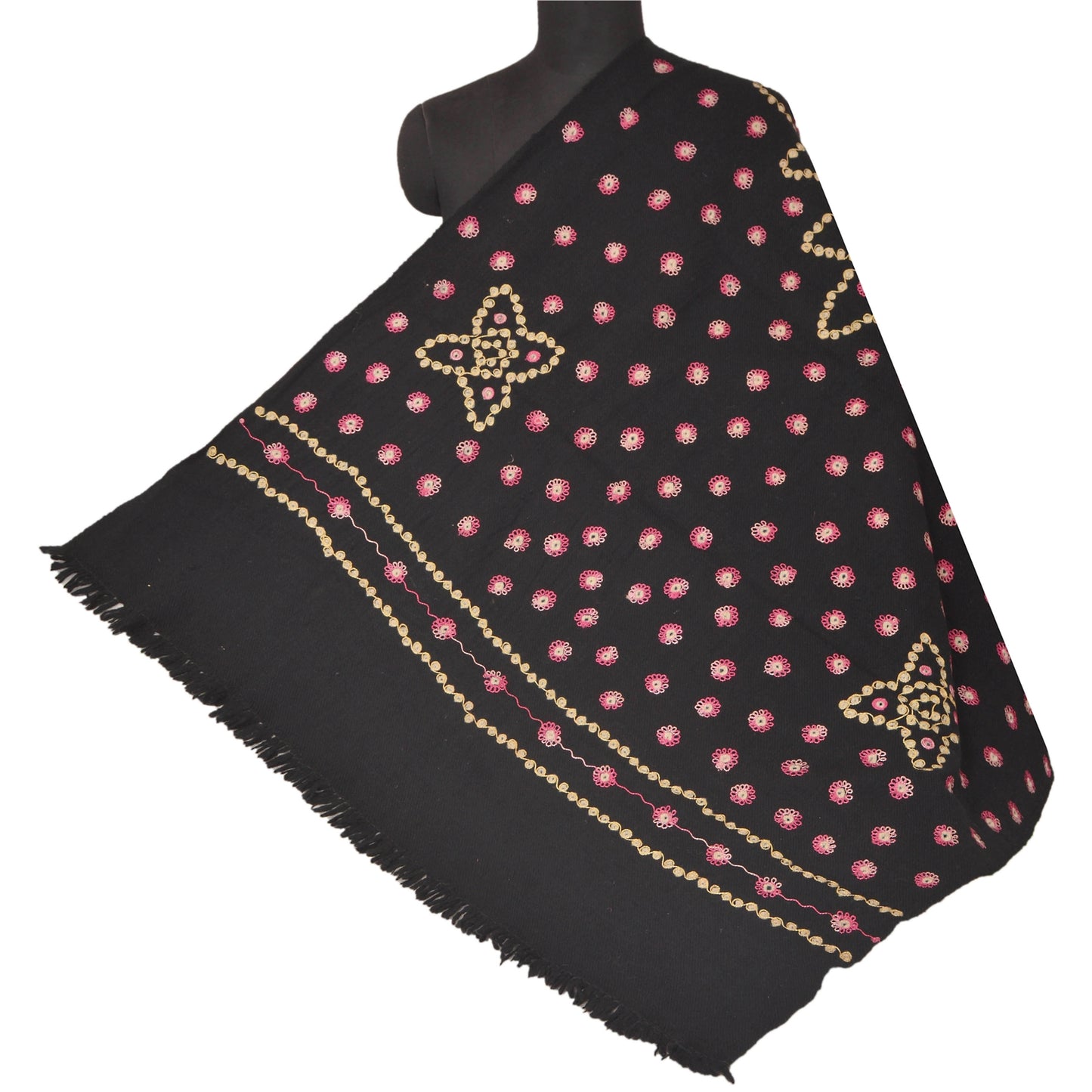 Sanskriti Vintage Black Woolen Shawl Hand Embroidered Ari Work Stole Soft Scarf