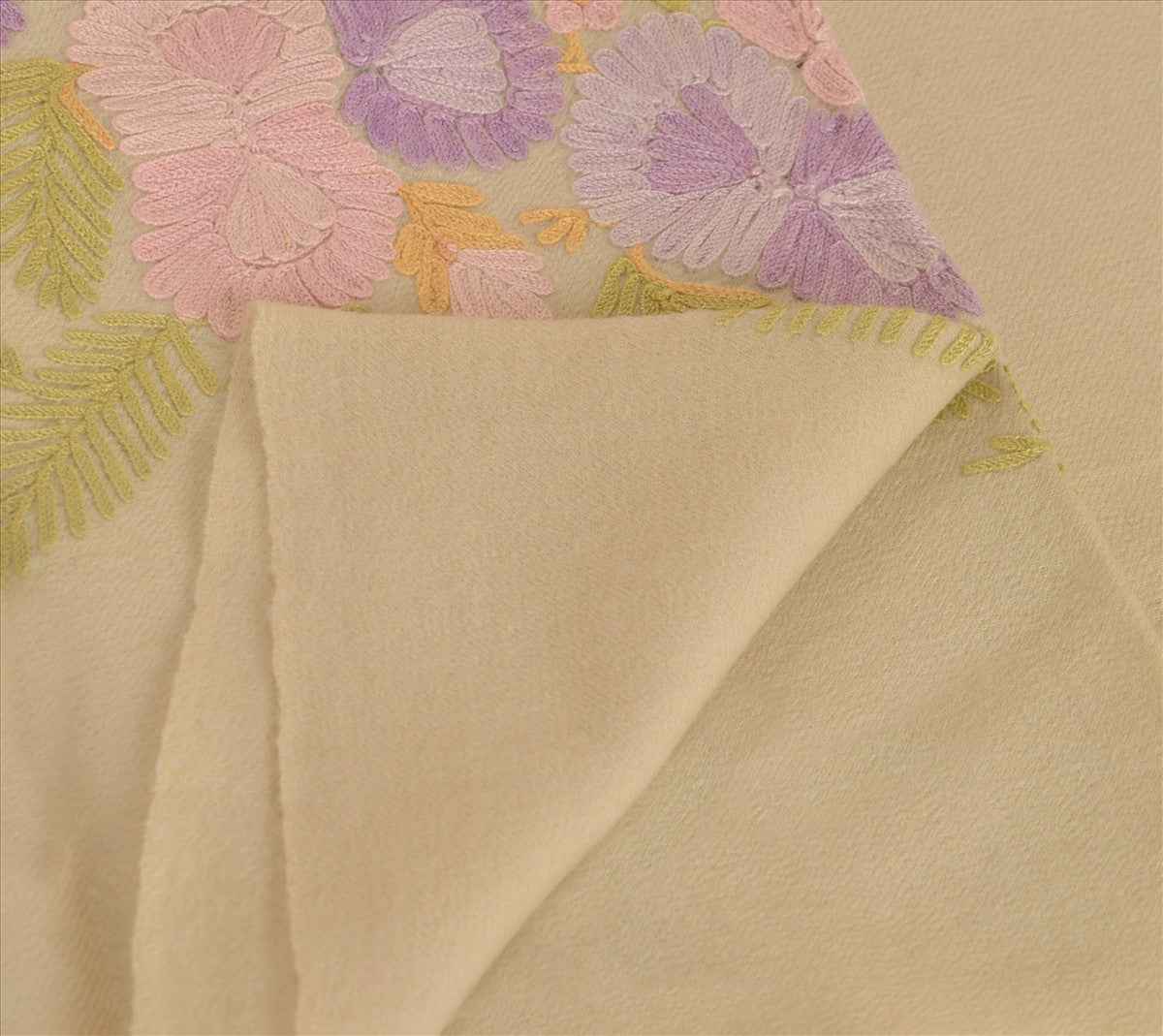 Sanskriti Vintage Multi Ari Zama Vintage Hand Embroidered Kashmiri Shawl Scarf Woolen Stole Cream