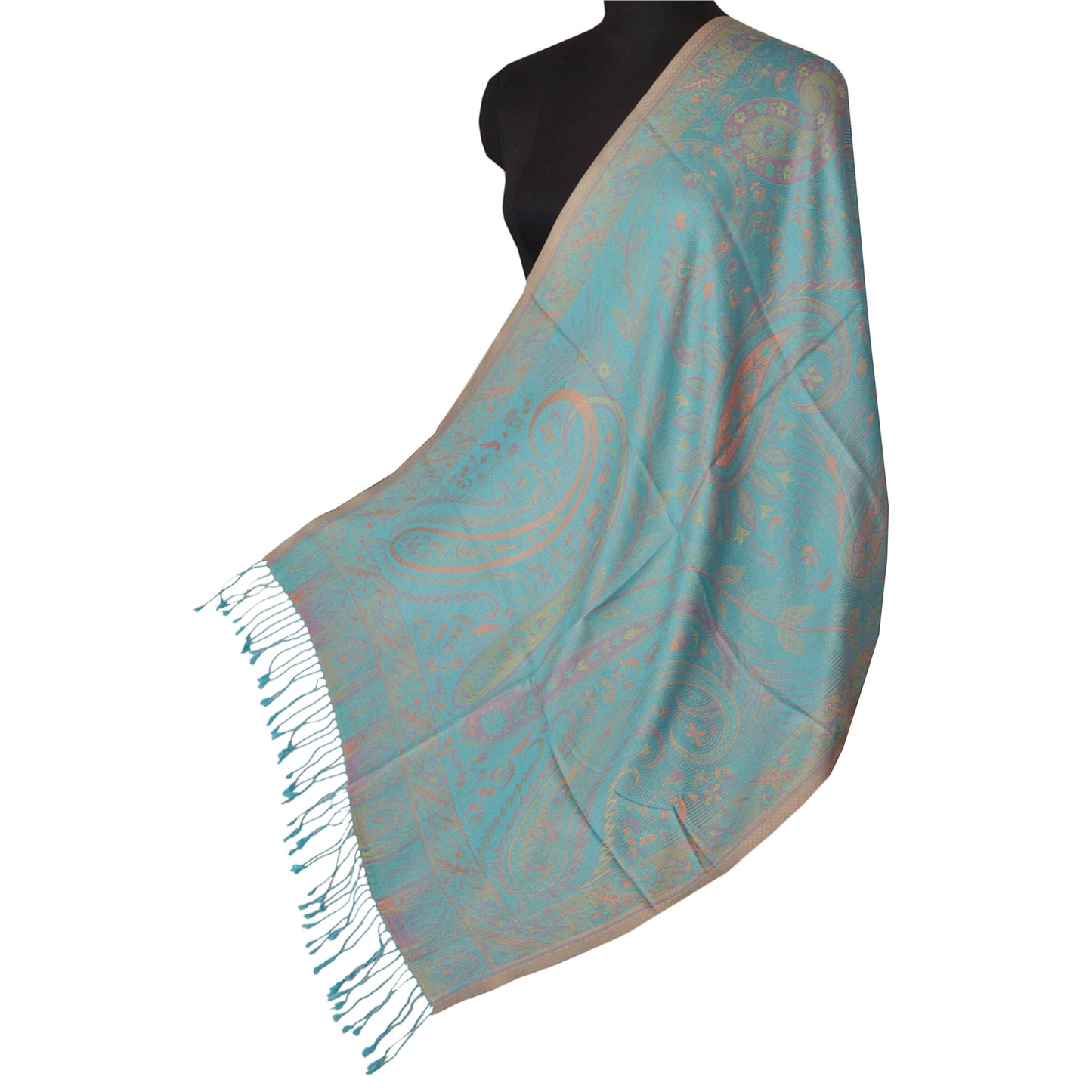 Sanskriti New Blue Shawl Silk Jamavar Woven Work Long Stole Soft Warm Scarf