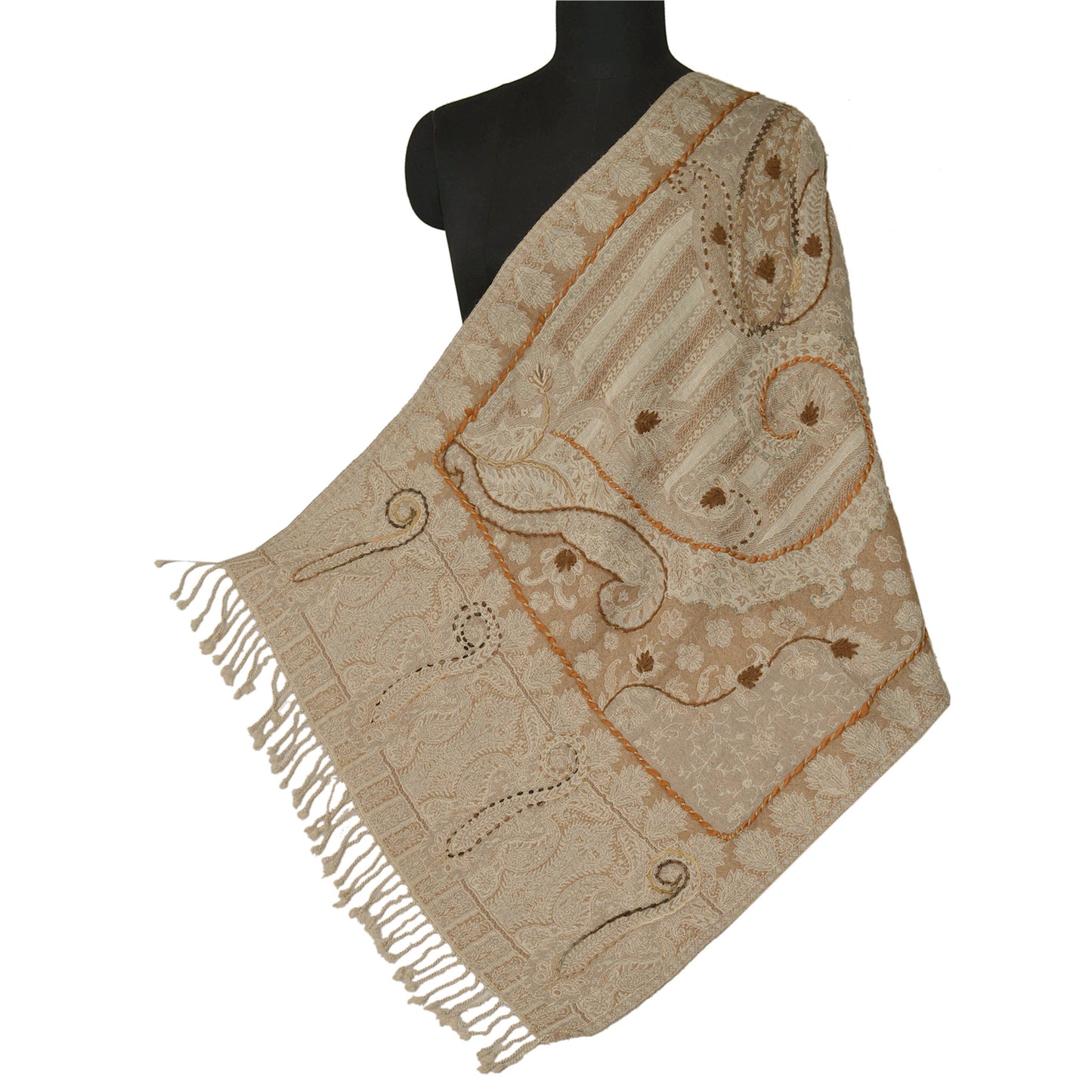 Sanskriti New Cream Pure Boil Wool Hand Embroidered Woven Shawl Long Stole Warm