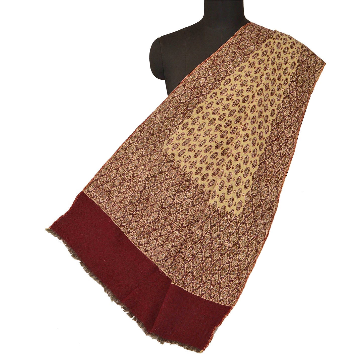 Sanskriti Vintage Cremefarvet Uldsjal Vævet Arbejde Lang Stola Blødt Tørklæde Blomsterprint