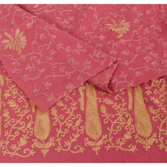 Sanskriti Vintage Pink Hand Embroidered Woolen Shawl Ari Work Stole Long Scarf