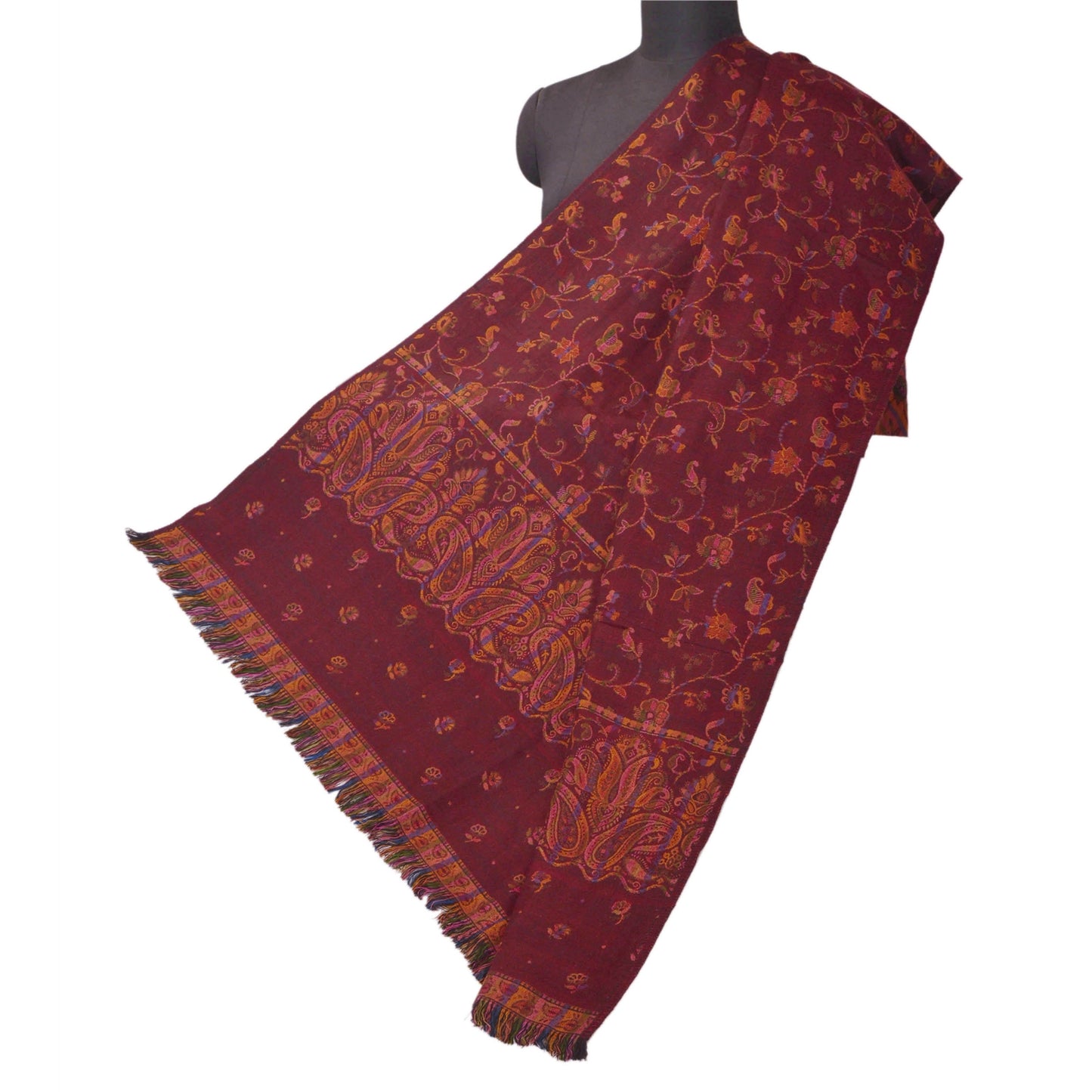 Sanskriti Vintage Red Woolen Shawl Woven Work Long Stole Soft Warm Scarf Floral