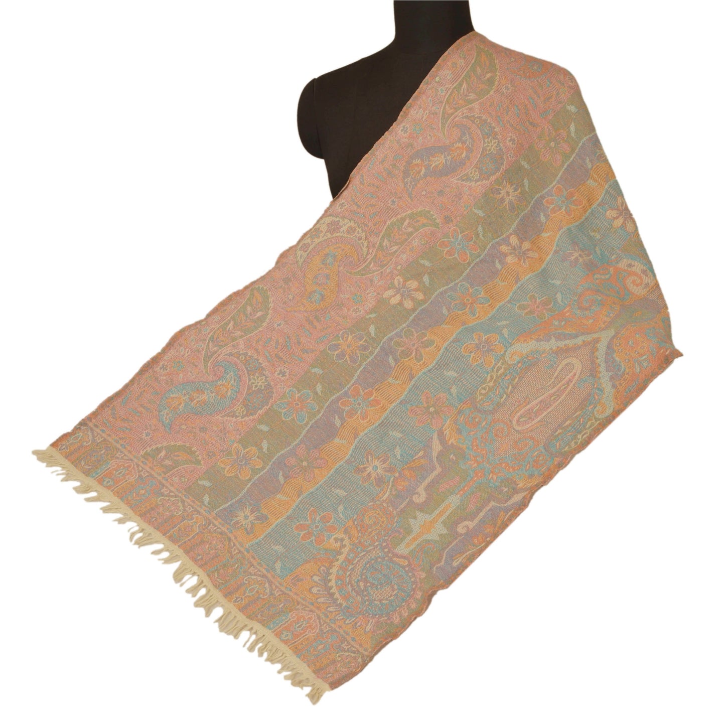 Sanskriti Vintage Multi Woolen Shawl Woven Work Long Stole Soft Scarf Floral