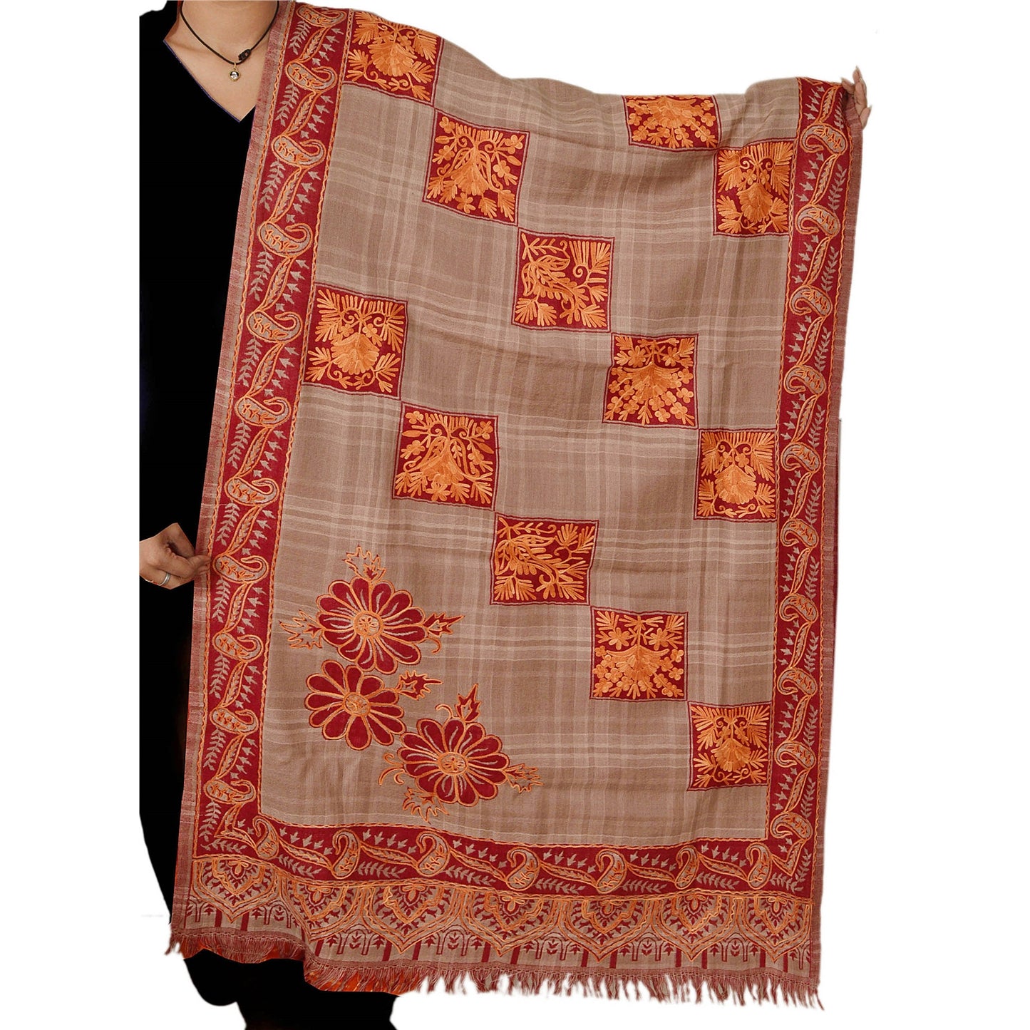 Sanskriti Vintage Brown Hand Embroidered Woolen Woven Shawl Ari Work Stole Scarf