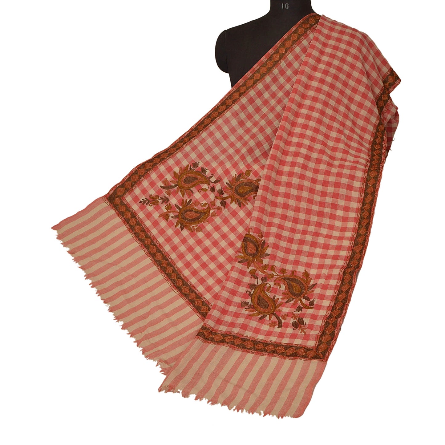 Sanskriti Vintage Red Woolen Shawl Hand Embroidered Ari Work Stole Long Scarf