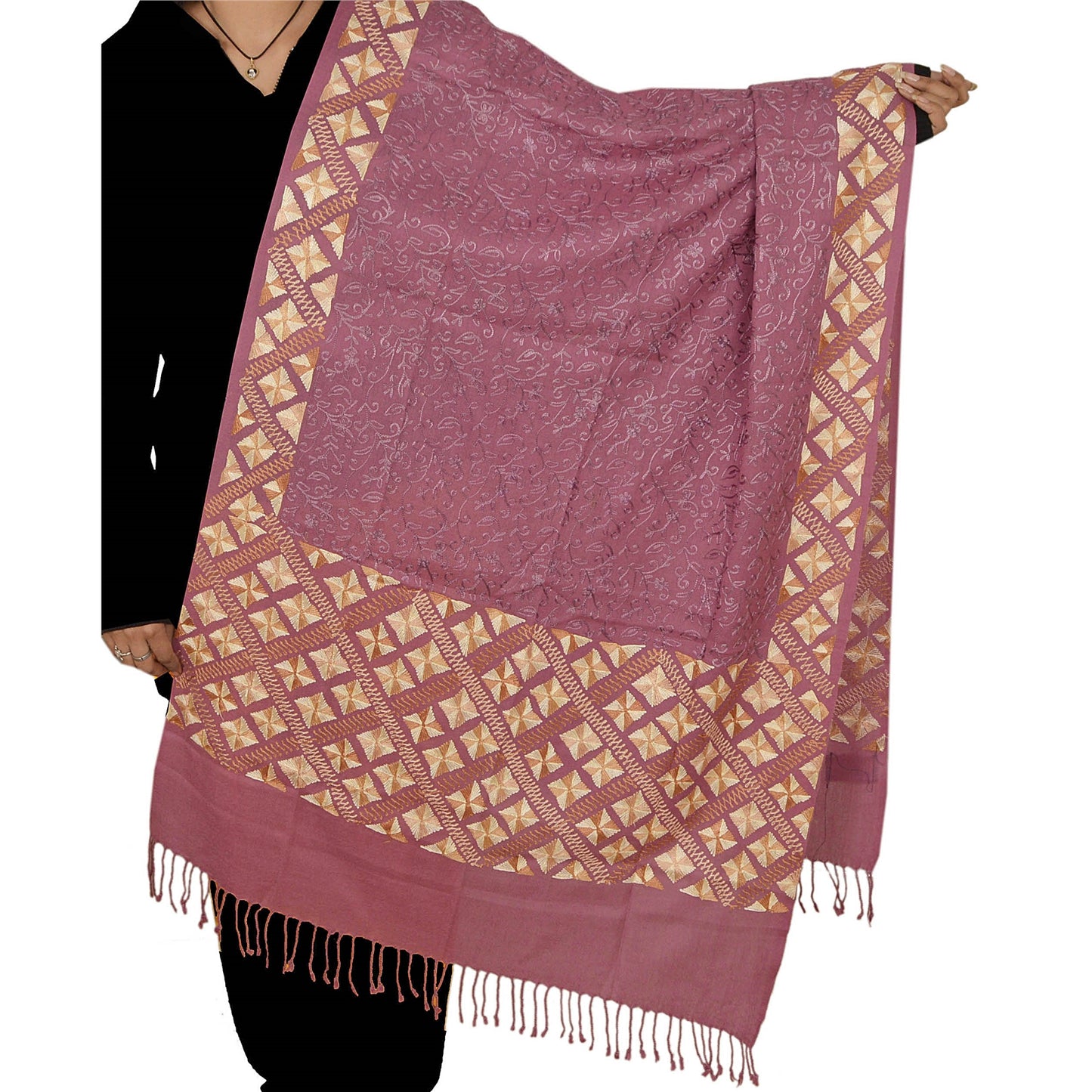 Sanskriti Vintage Mauve Woolen Shawl Hand Embroidered Ari Work Stole Warm Scarf