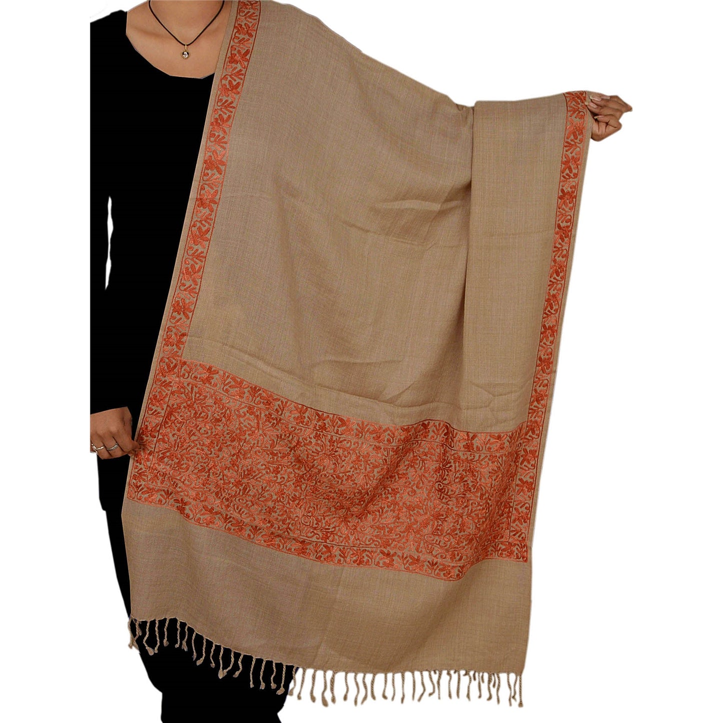 Sanskriti Vintage Cream Hand Embroidered Woolen Shawl Ari Work Stole Scarf