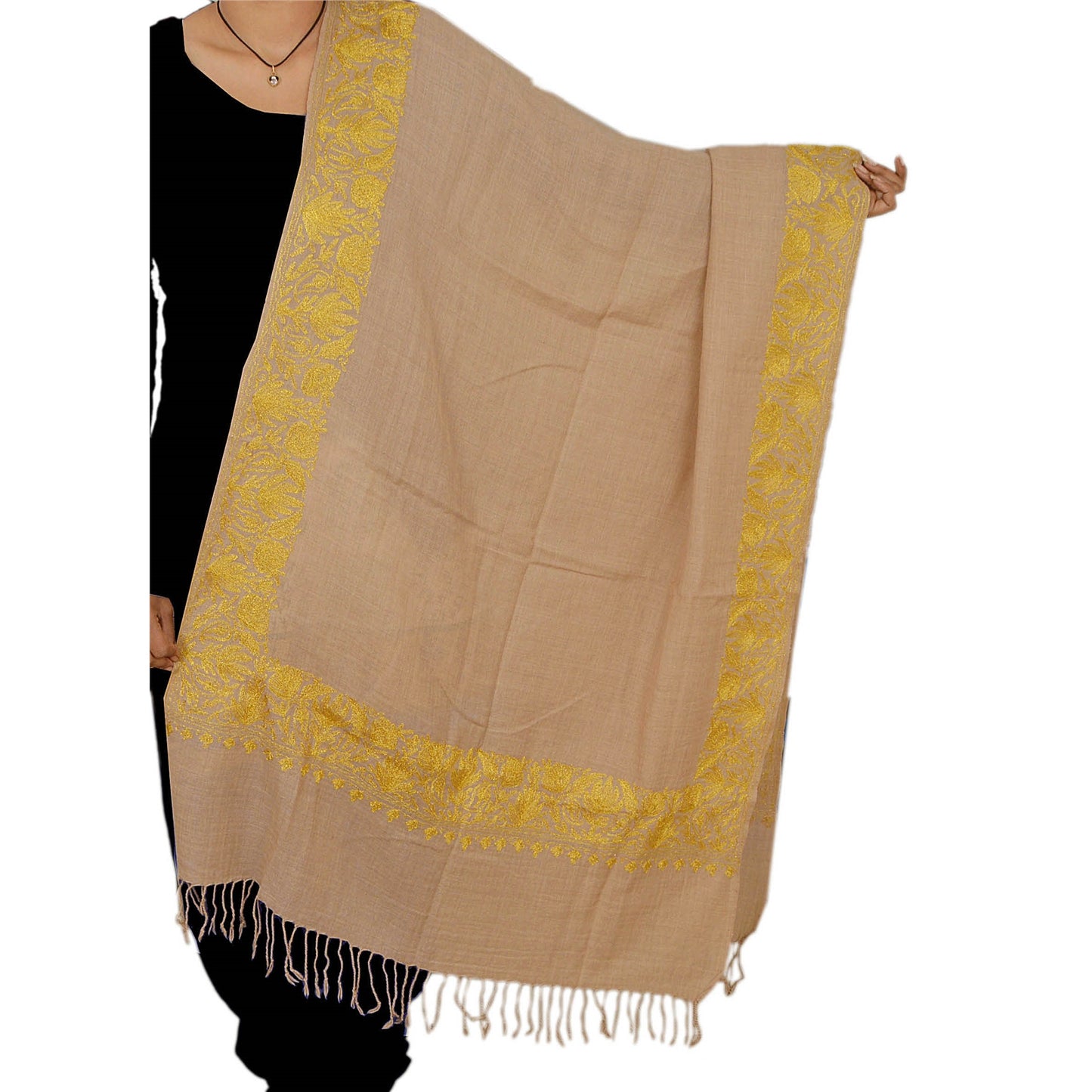 Sanskriti Vintage Cream Hand Embroidered Woolen Shawl Zari Ari Work Long Stole