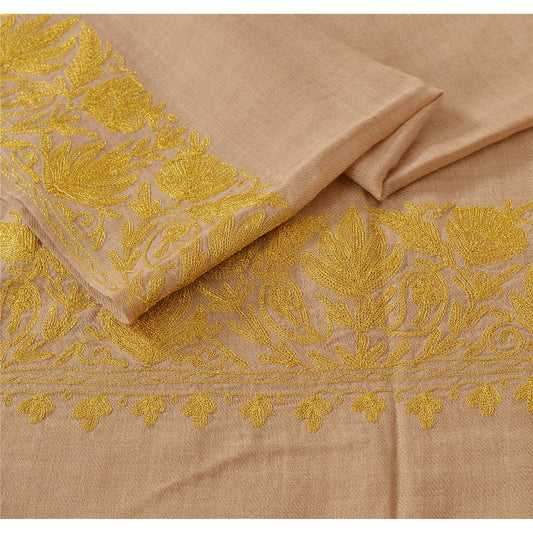 Sanskriti Vintage Cream Hand Embroidered Woolen Shawl Zari Ari Work Long Stole