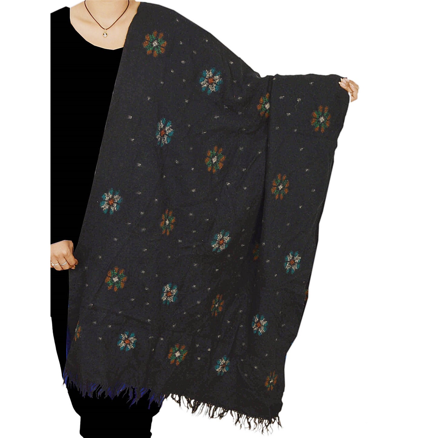 Sanskriti Vintage Black Woolen Shawl Hand Embroidered Long Stole Soft Warm Scarf