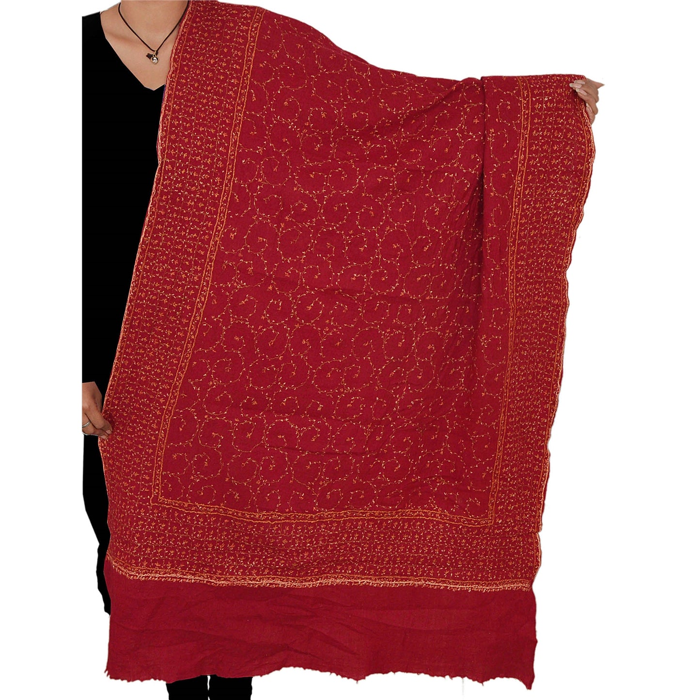 Sanskriti Vintage Red Woolen Shawl Hand Embroidered Suzani Work Stole Warm Scarf