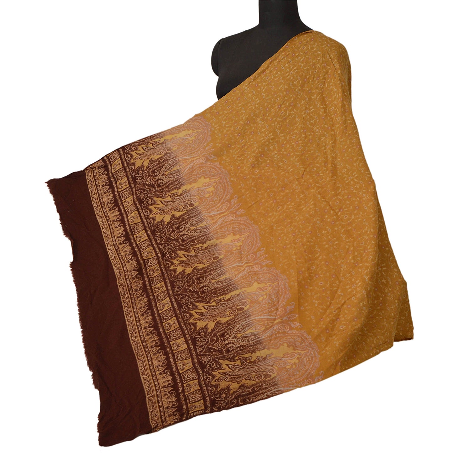 Sanskriti Vintage Yellow Woolen Shawl Woven Work Long Stole Soft Scarf Floral