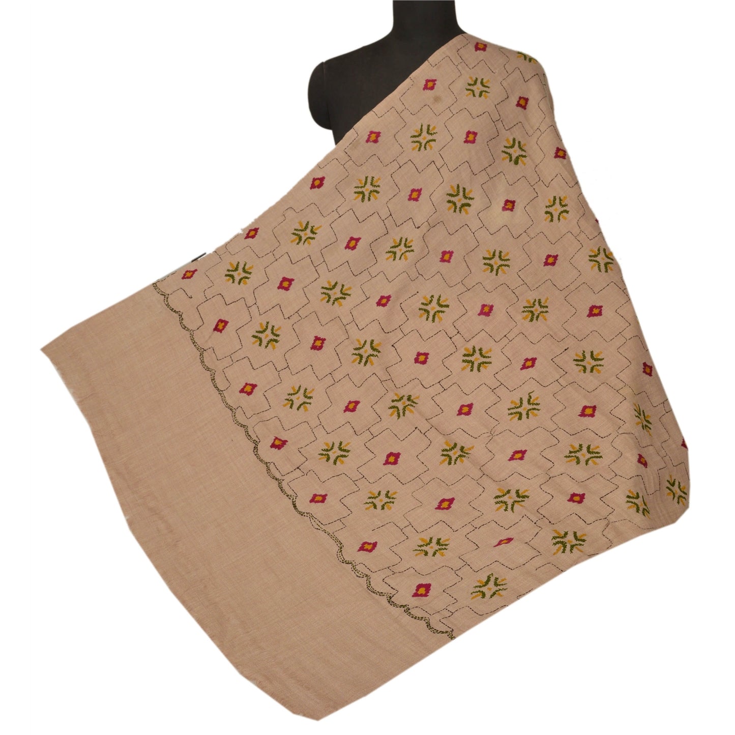 Санскрити Винтаж Кремовый шерстяной платок с ручной вышивкой длинный палантин мягкий теплый шарф