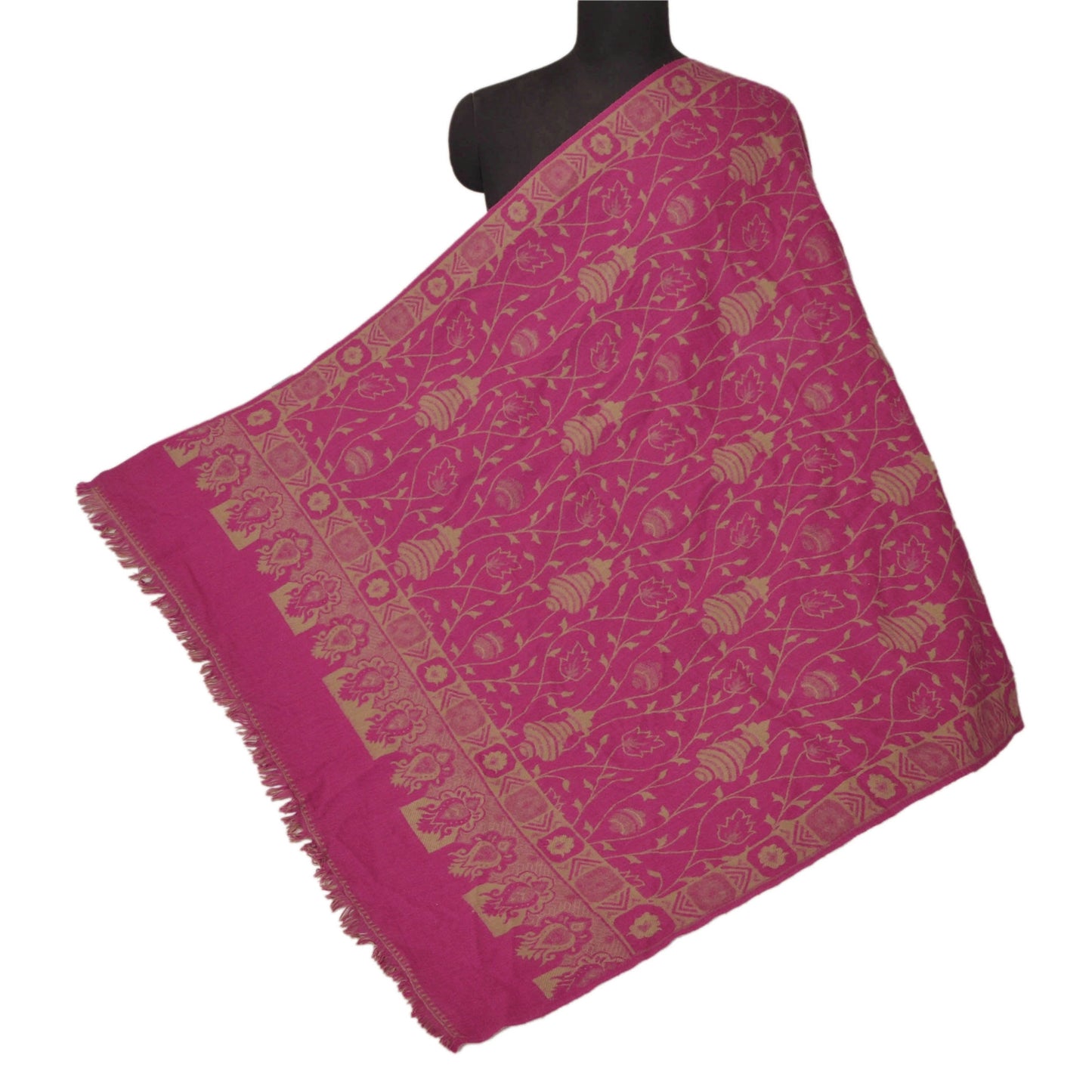 Санскрити Винтаж Розовая шерстяная шаль Тканая работа Длинный палантин Мягкий теплый шарф Цветочный
