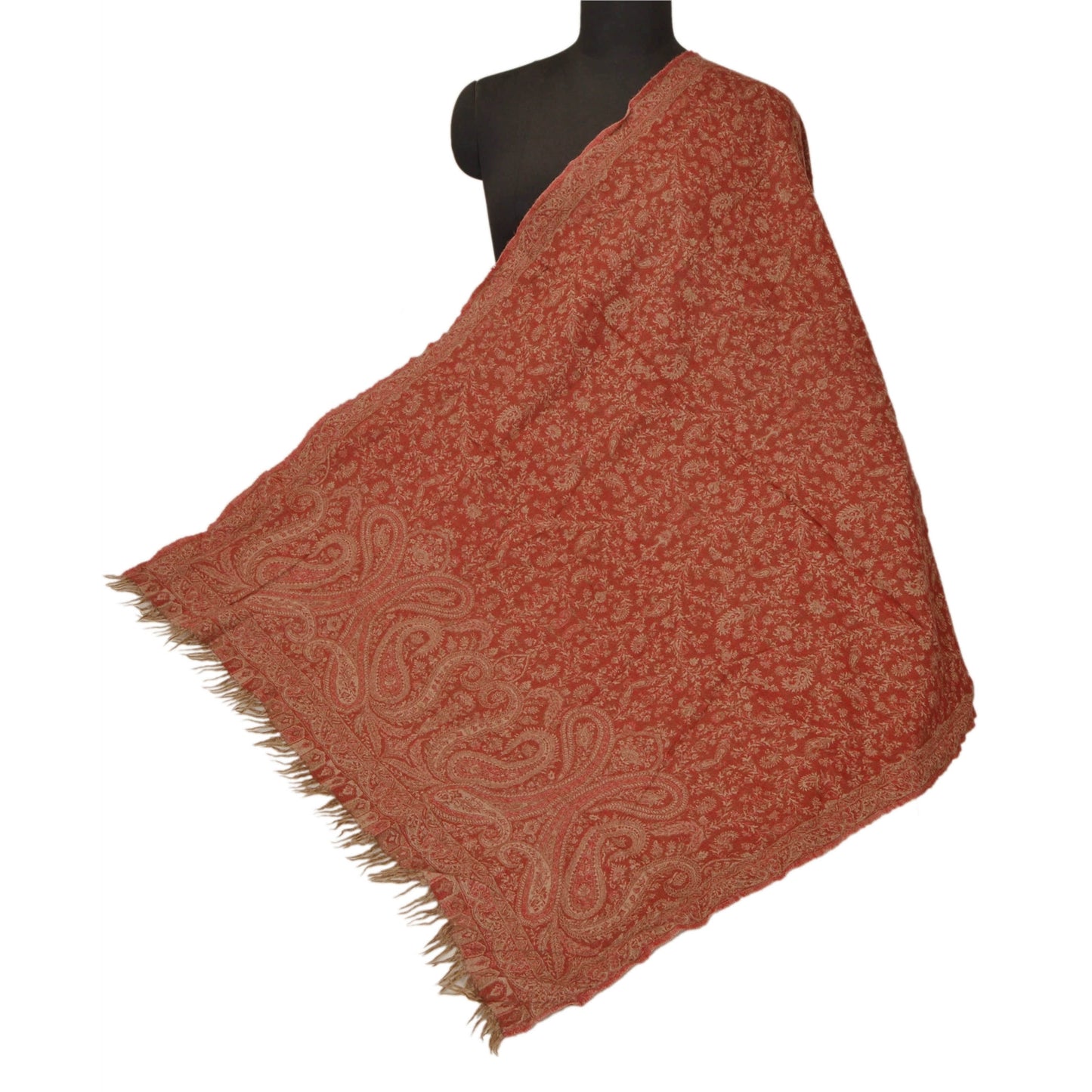 Sanskriti Vintage Red Woolen Shawl Woven Work Long Stole Soft Warm Scarf Floral