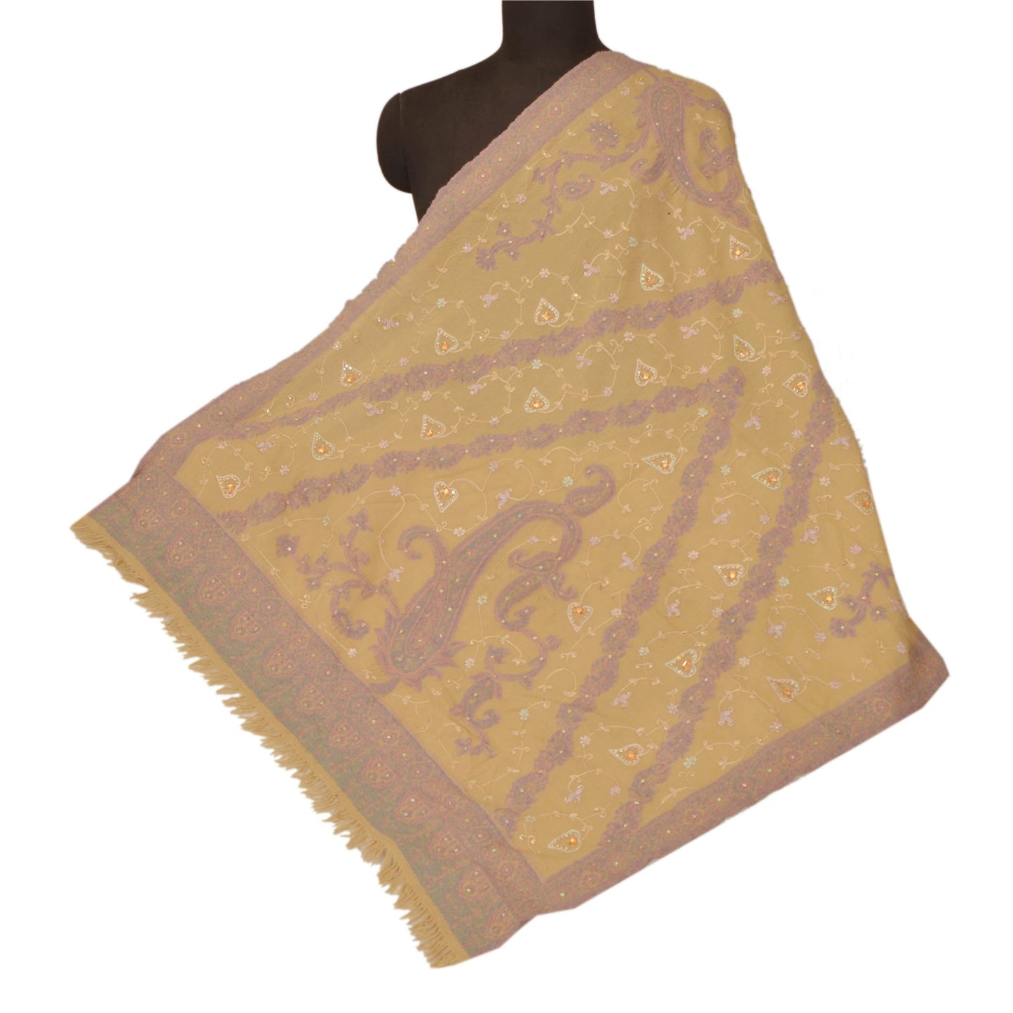 Sanskriti Vintage Cream Woolen Shawl Hand Embroidered Ari Work Stole Scarf Beads