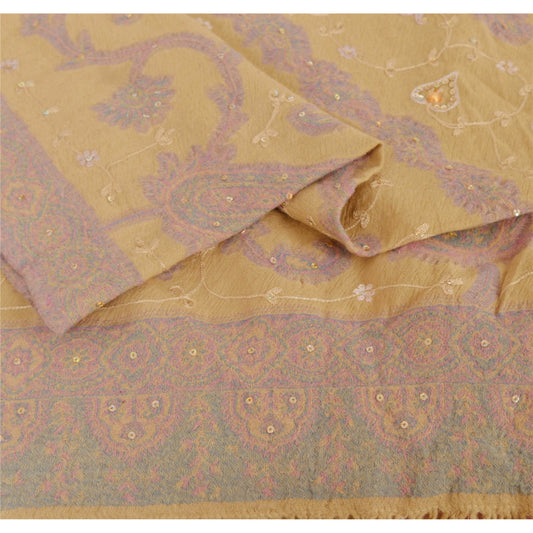 Sanskriti Vintage Cream Woolen Shawl Hand Embroidered Ari Work Stole Scarf Beads