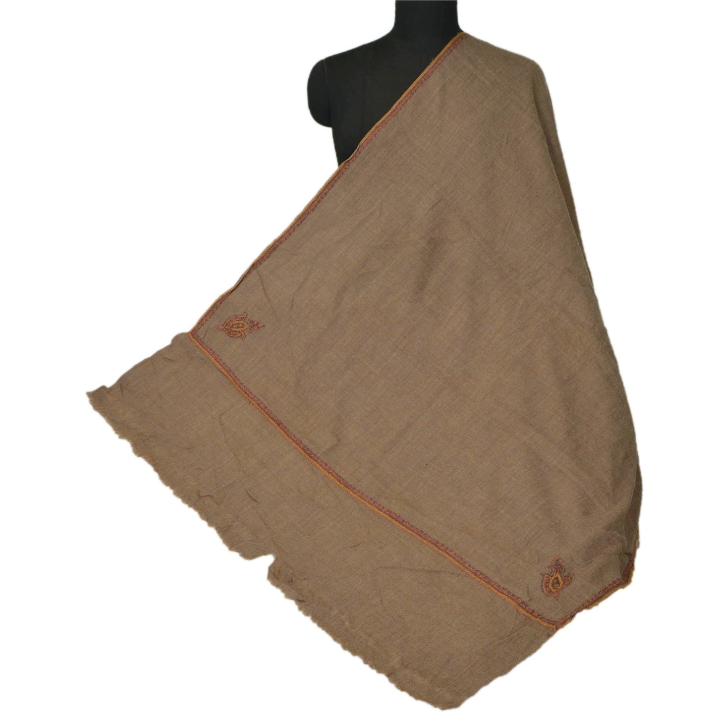 Sanskriti Vintage Cream Woolen Shawl Hand Embroidered Suzani Work Stole Scarf