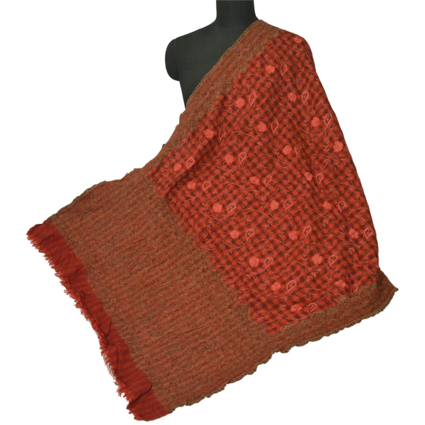 Sanskriti Vintage Red Woolen Shawl Hand Embroidered Ari Work Stole Soft Scarf