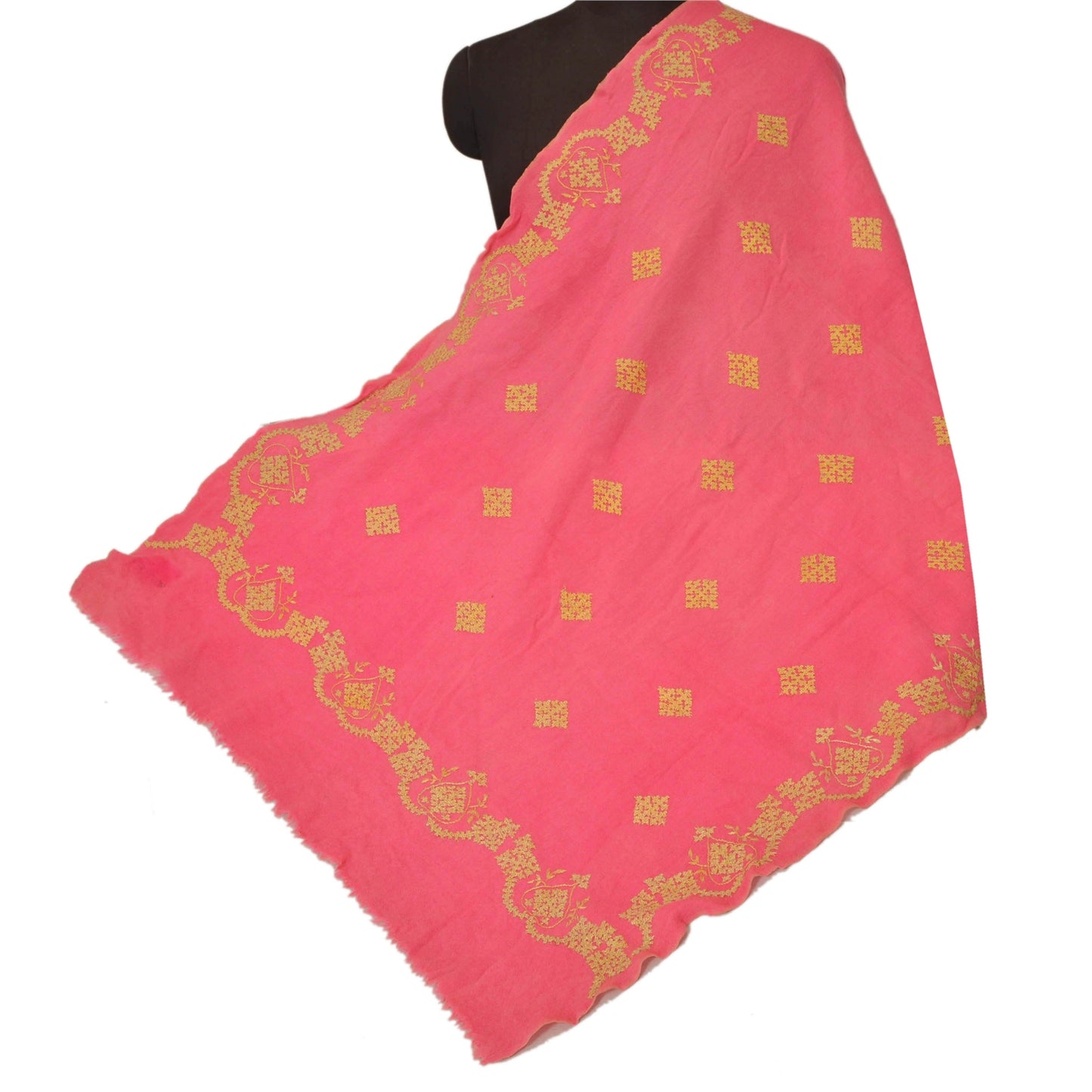 Sanskriti Vintage Pink Woolen Shawl Hand Embroidered Long Stole Soft Warm Scarf