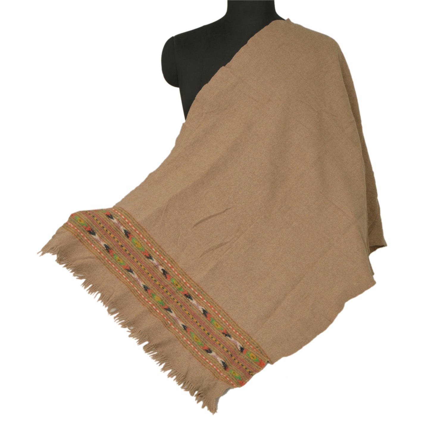 Sanskriti Vintage Cream Woolen Shawl Woven Work Long Stole Soft Scarf Floral