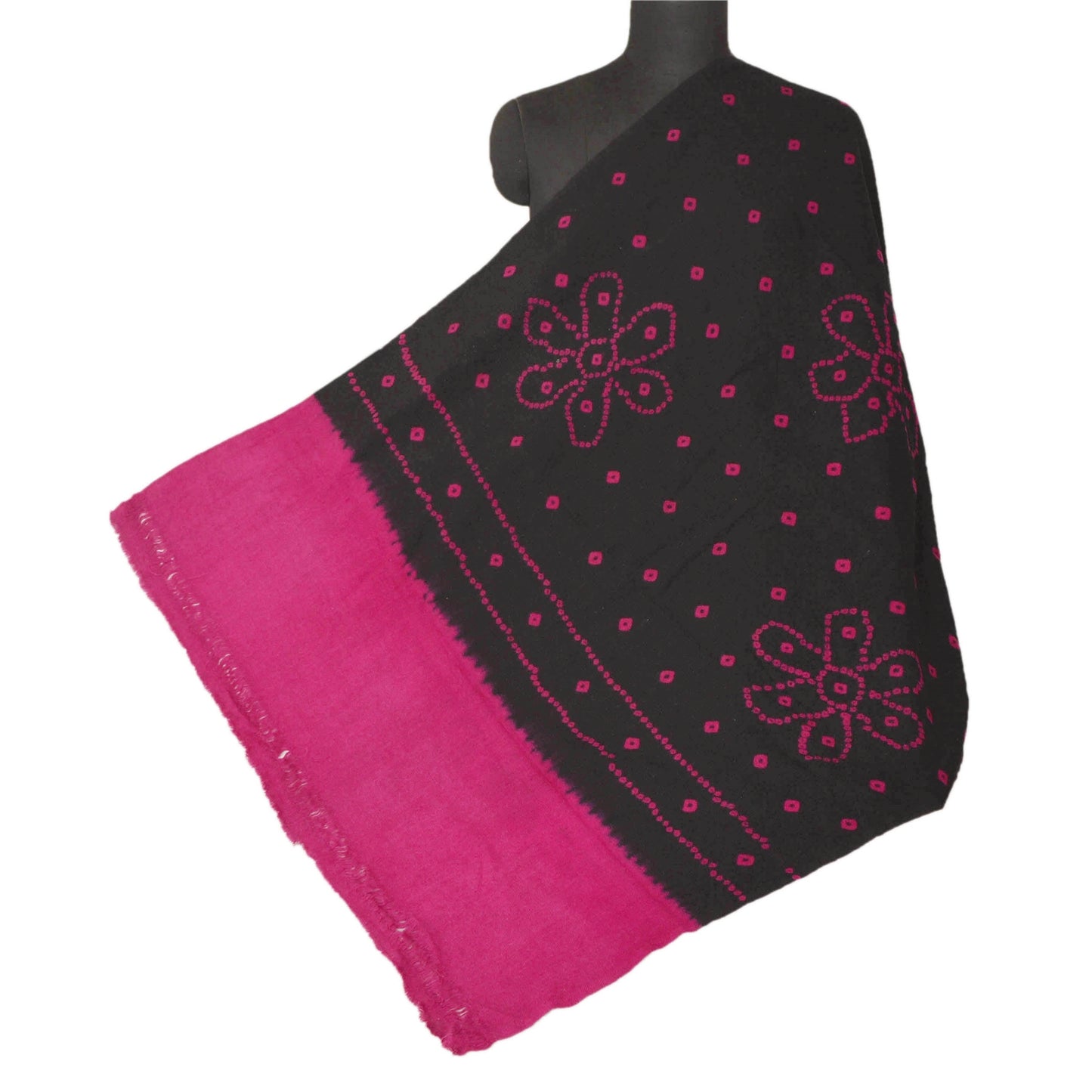 Sanskriti Vintage Black Woolen Shawl Bandhani Print Work Long Stole Soft Scarf