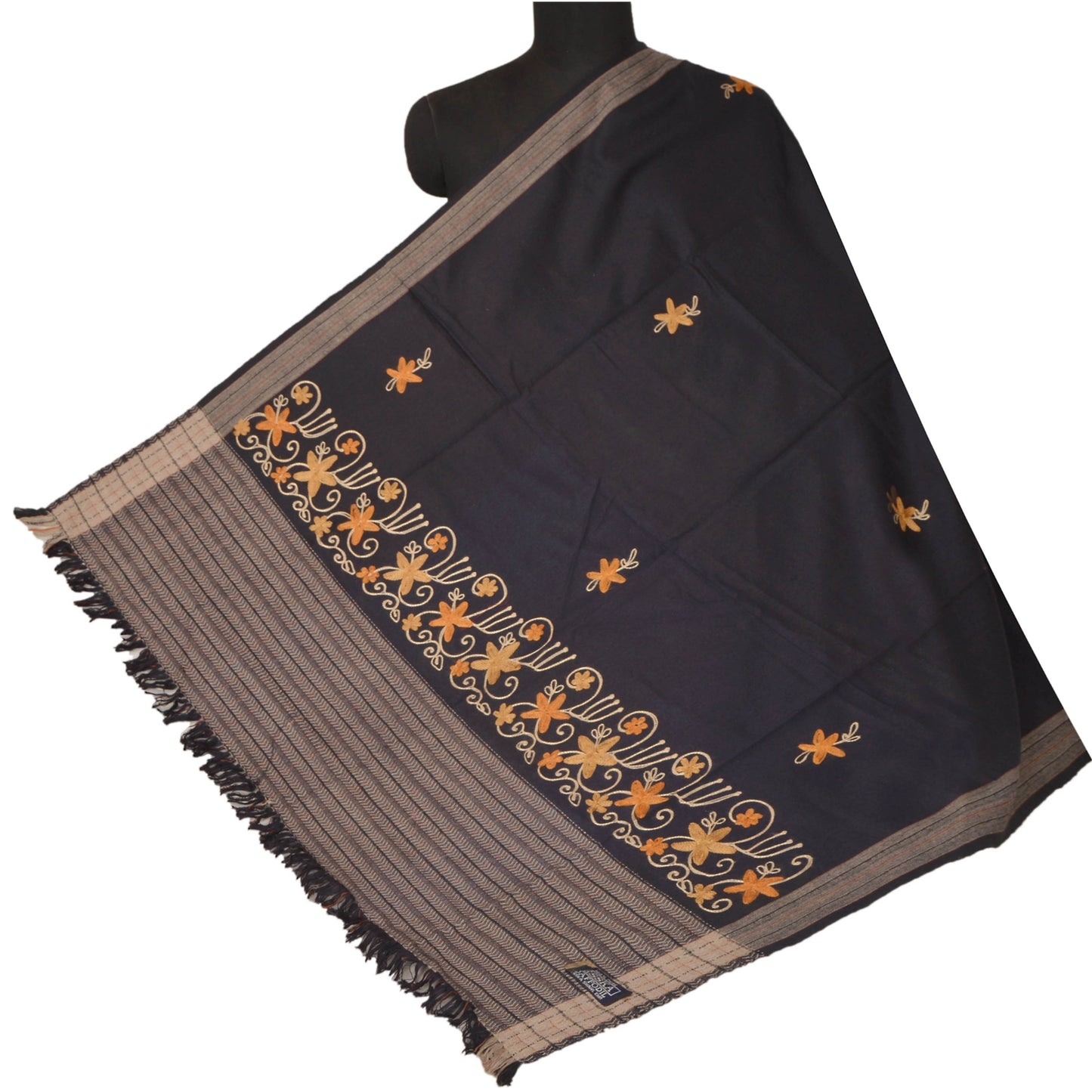Sanskriti Vintage Black Woolen Shawl Hand Embroidered Ari Work Long Stole Scarf