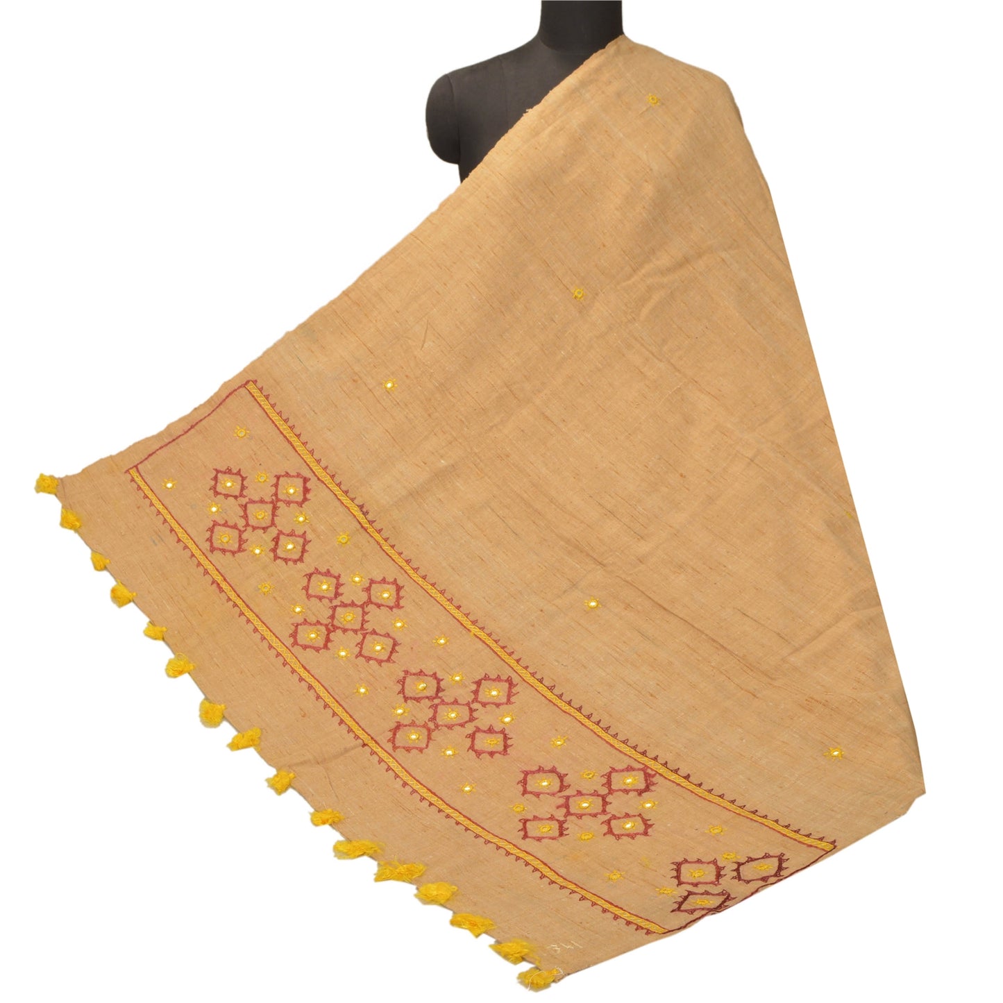 Sanskriti Vintage Cream Handloom Shawl Hand Beaded Long Stole Warm Scarf Mirror