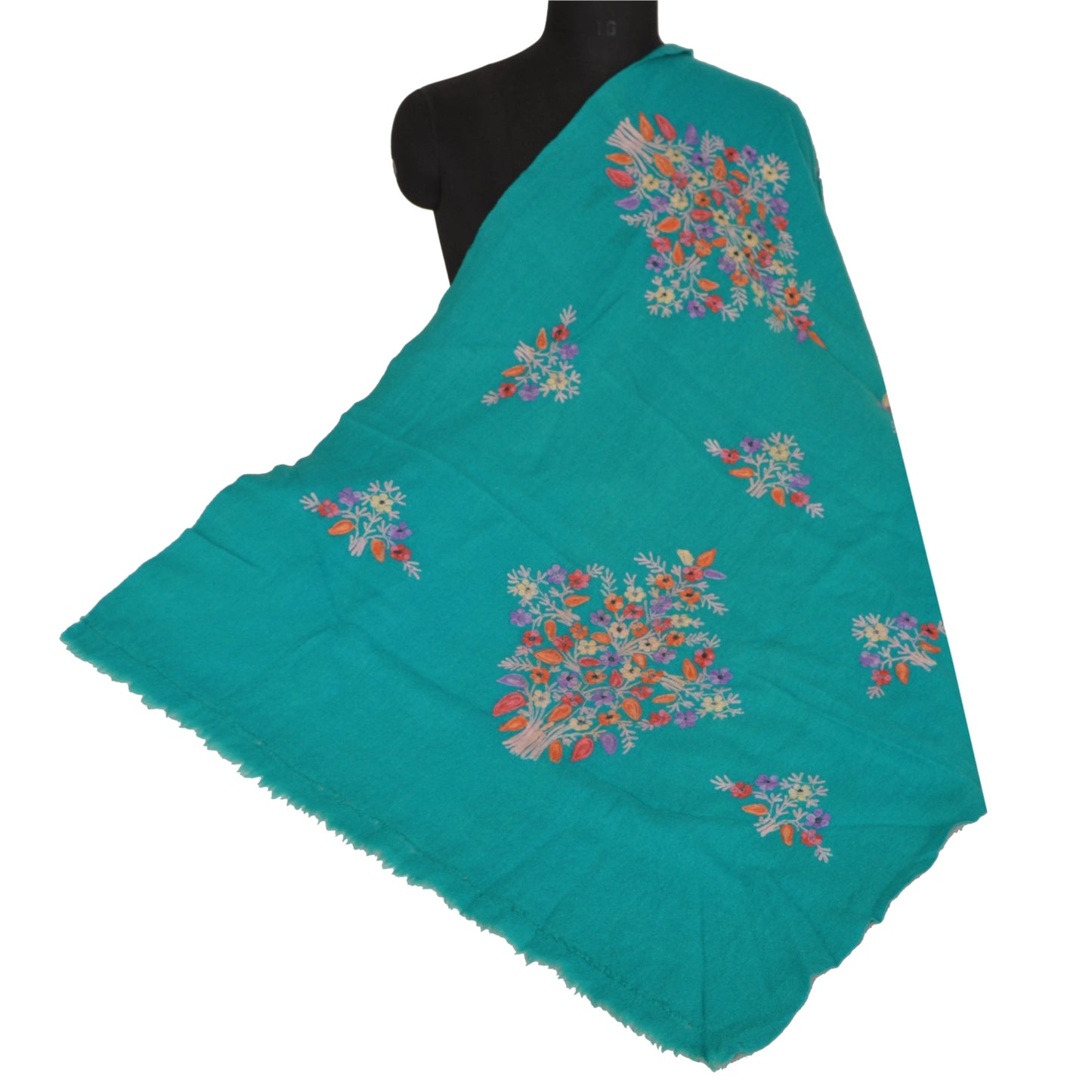 Sanskriti Vintage Turquoise Woolen Shawl Hand Embroidered Ari Work Stole Scarf
