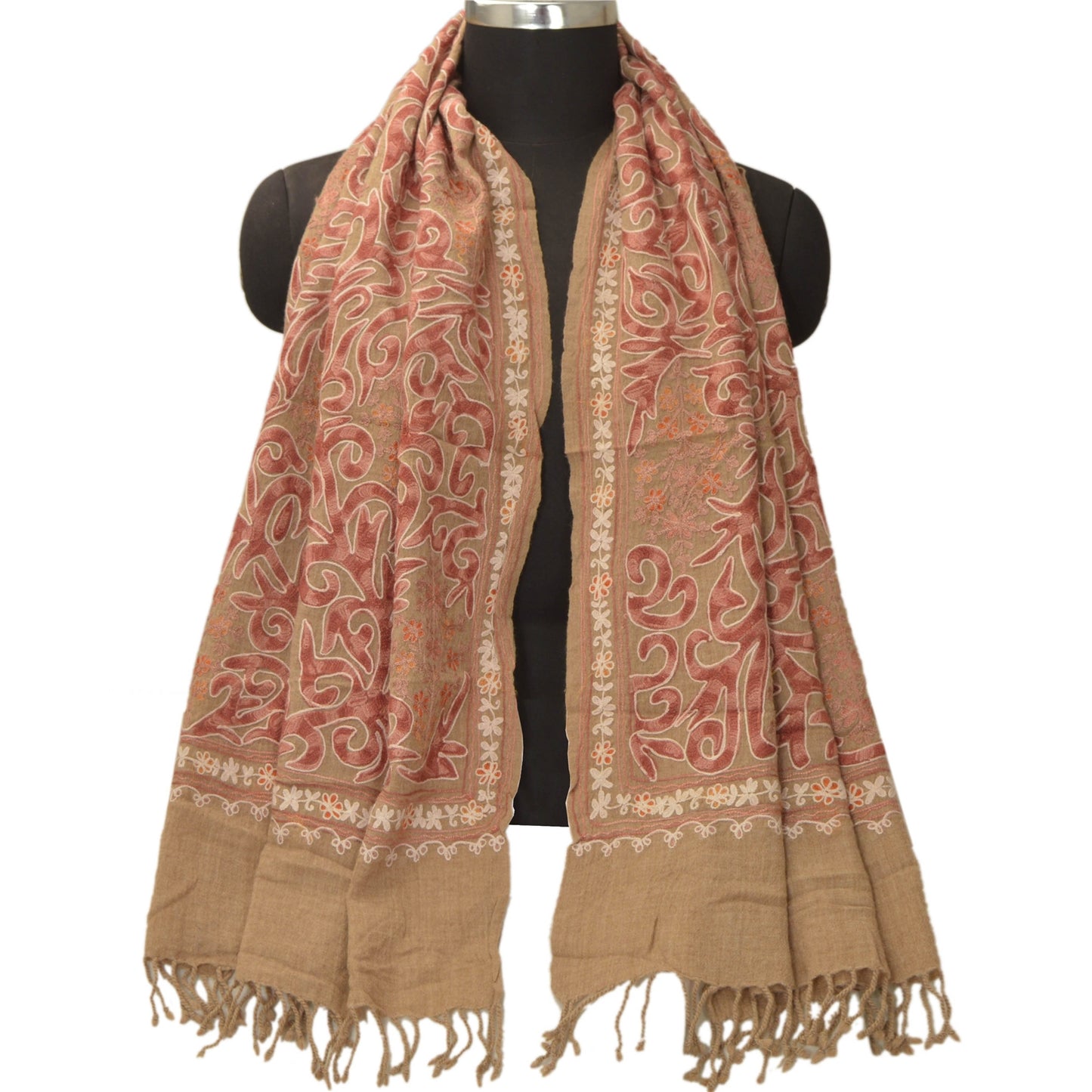 Sanskriti Vintage Cremefarvet Uldsjal Håndbroderet Ari Work Stola Blødt Tørklæde