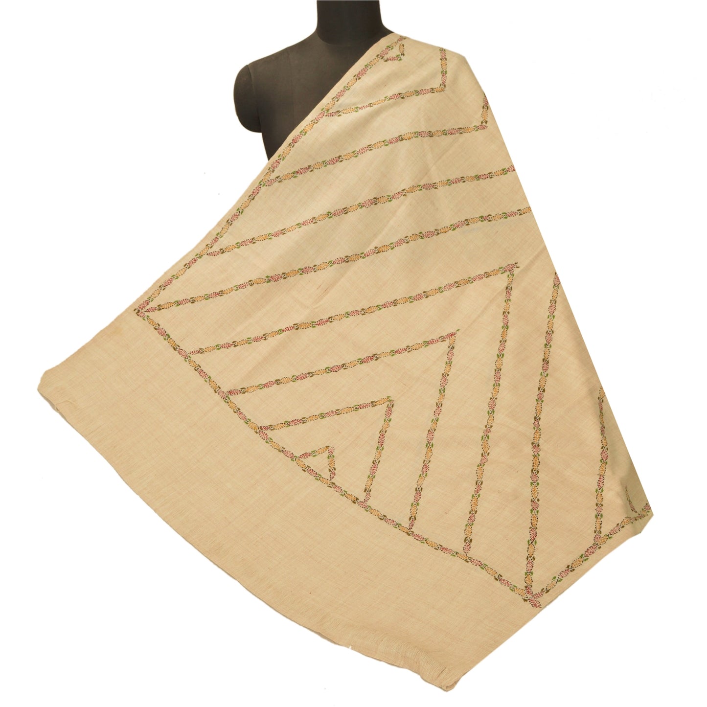 Санскрити Винтаж Кремовый шерстяной платок с ручной вышивкой Кантха Рабочий Палантин шарф