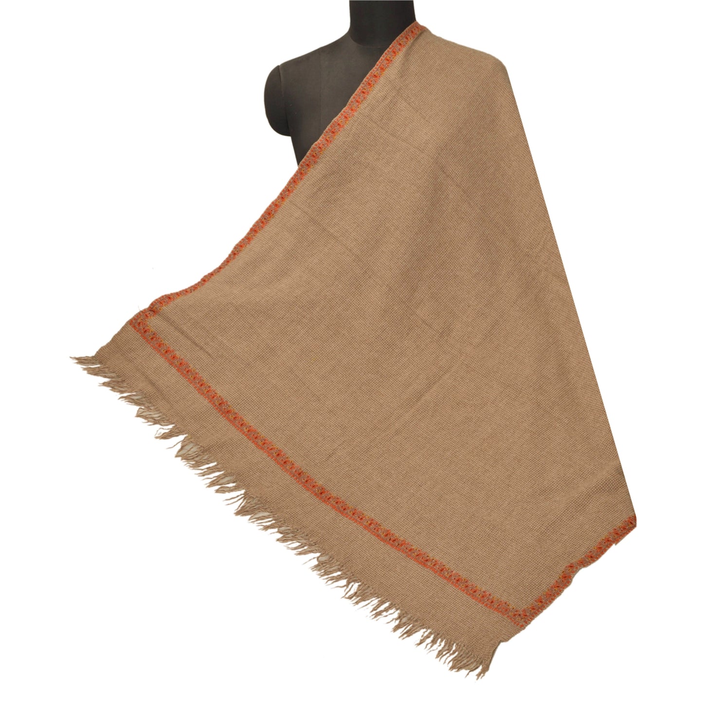 Sanskriti Vintage Brown Woolen Shawl Hand Embroidered Suzani Work Stole Scarf