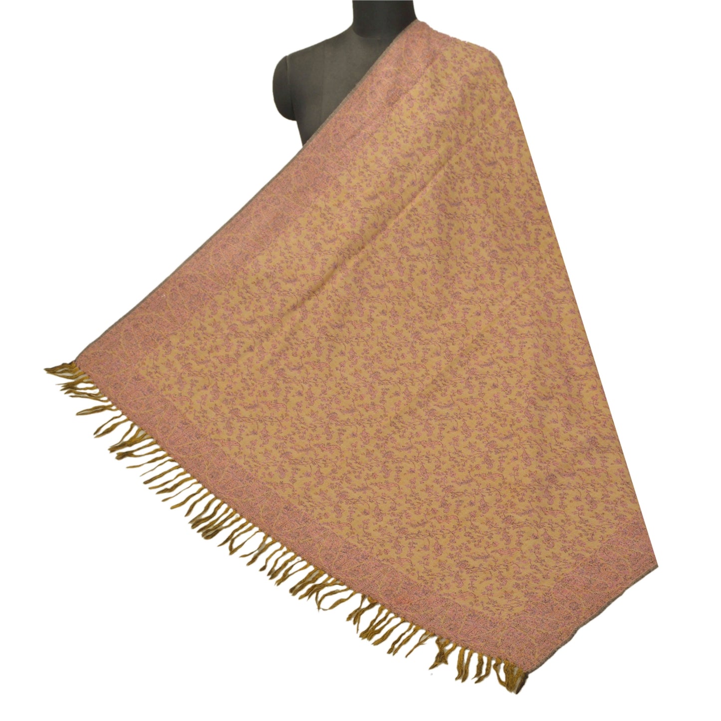 Sanskriti Vintage Green Woolen Shawl Woven Work Long Stole Soft Scarf Floral