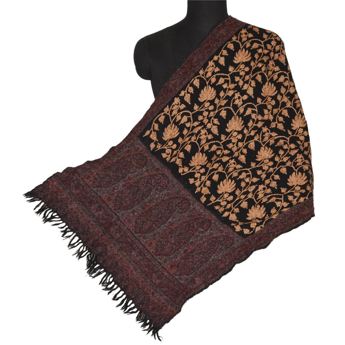 Sanskriti Vintage Black Woolen Shawl Hand Embroidered Ari Work Stole Long Scarf