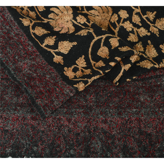 Sanskriti Vintage Black Woolen Shawl Hand Embroidered Ari Work Stole Long Scarf