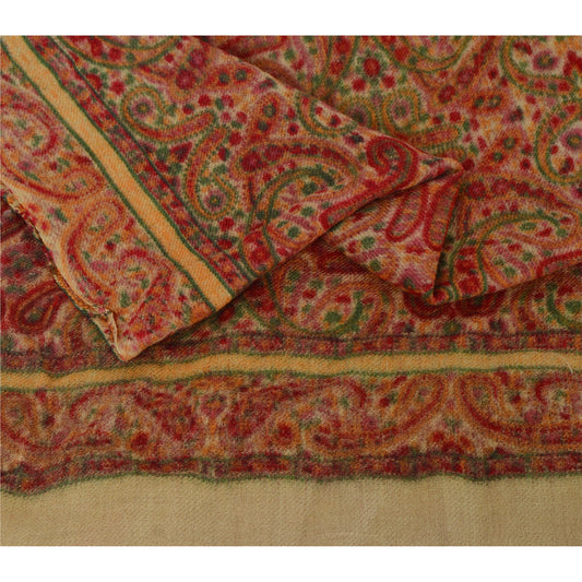 Sanskriti Vintage Cream Woolen Shawl Woven Work Long Stole Soft Scarf Floral