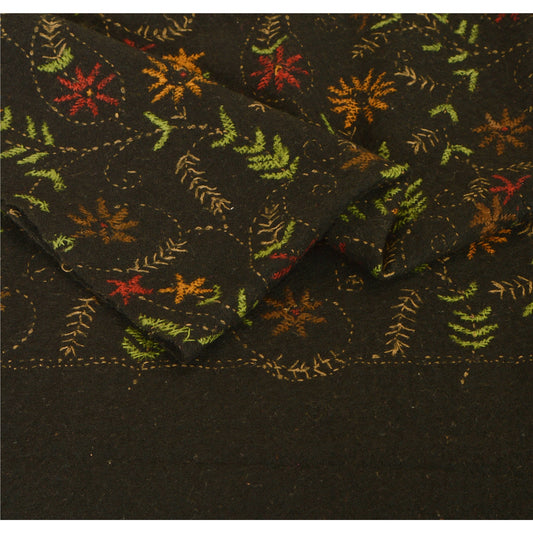 Sanskriti Vintage Black Woolen Shawl Hand Embroidered Long Stole Soft Warm Scarf