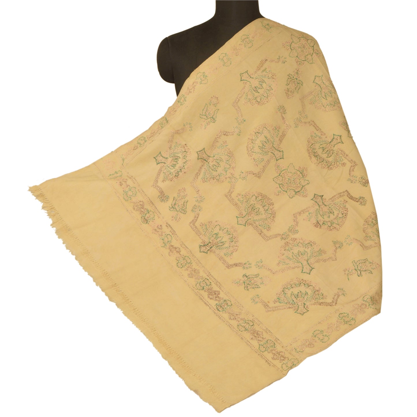Sanskriti Vintage Cream Woolen Shawl Hand Embroidered Suzani Work Stole Scarf