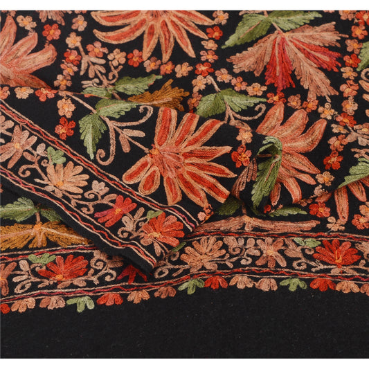 Sanskriti Vintage Black Woolen Shawl Hand Embroidered Ari Work Stole Warm Scarf