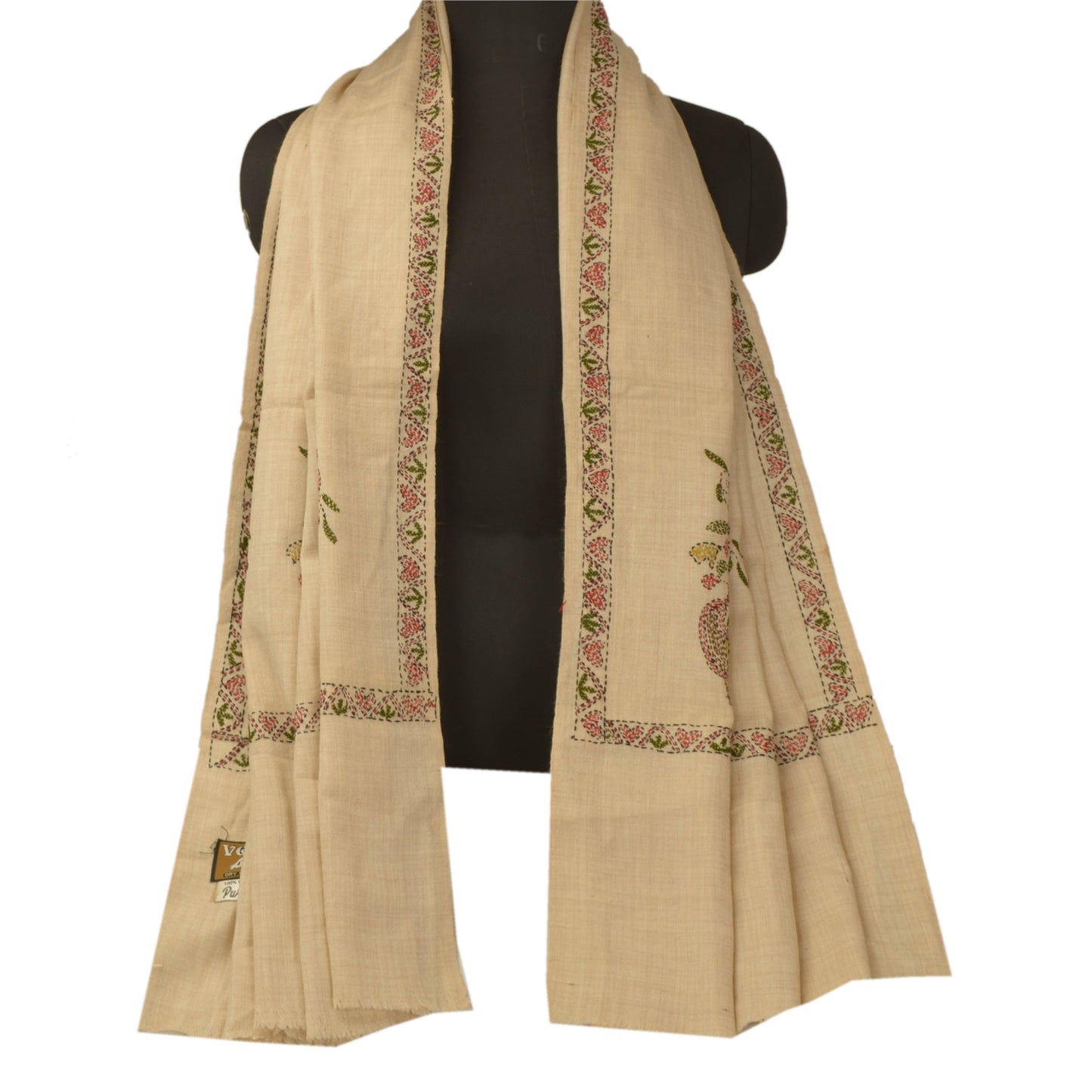 Sanskriti Vintage Cremefarvet Uldsjal Håndbroderet Kantha Arbejdsstola Tørklæde