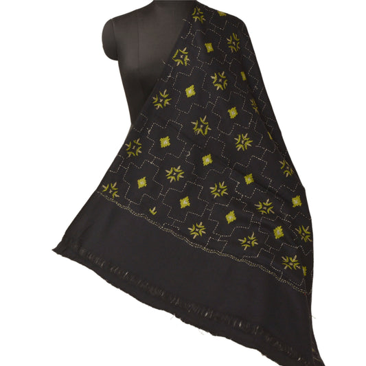 Sanskriti Vintage Black Woolen Shawl Hand Embroidered Kantha Work Stole Scarf