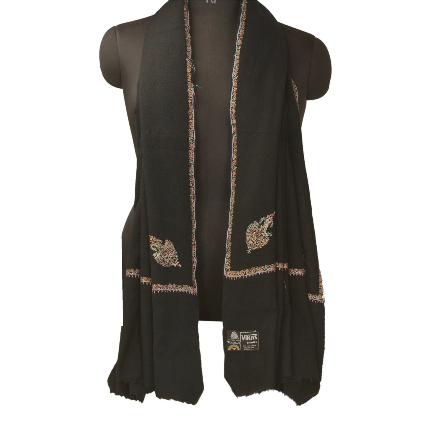 Sanskriti Vintage Black Woolen Shawl Hand Embroidered Suzani Work Stole Scarf