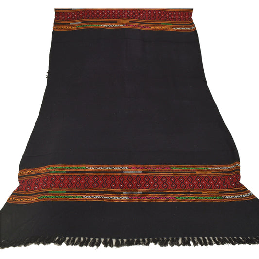 Sanskriti Vintage Black Woolen Shawl Hand Embroidered Kantha Work Stole Scarf