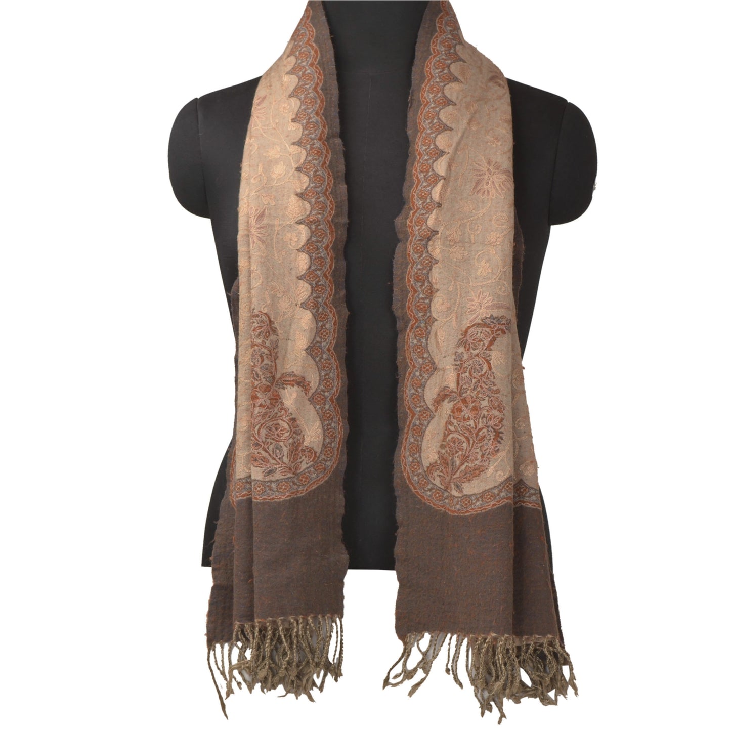 Sanskriti Vintage Cream Woollen Shawl Hand Embroidered Ari Work Stole Scarf